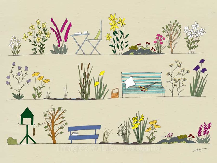 Country garden - print from digital illustration showing flowers