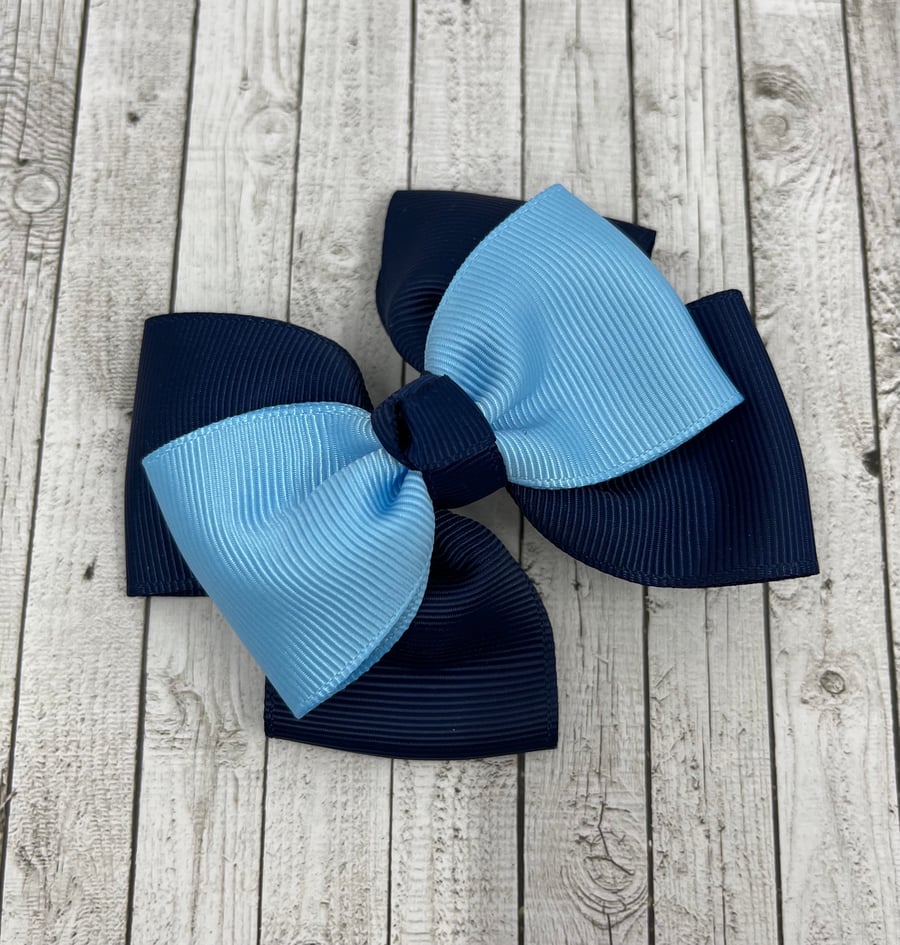 Navy and Light Blue Top Knot Bow on Clip
