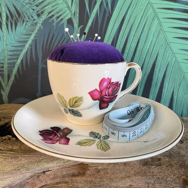 Vintage Meakin Tea Cup And Saucer Pin Cushion 