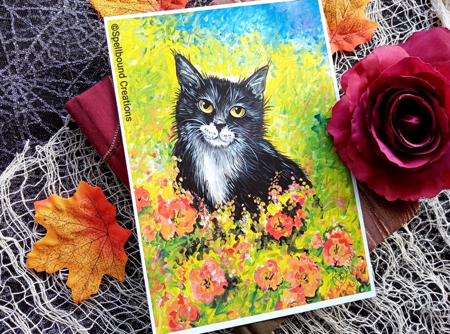 Cat In The Poppies, A5 Quality Print, Crazy Cat Lady, Original Artwork