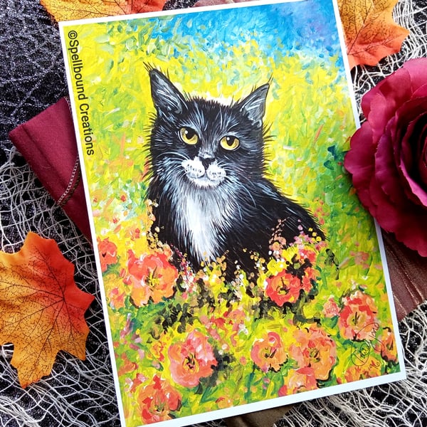 Cat In The Poppies, A5 Quality Print, Crazy Cat Lady, Original Artwork