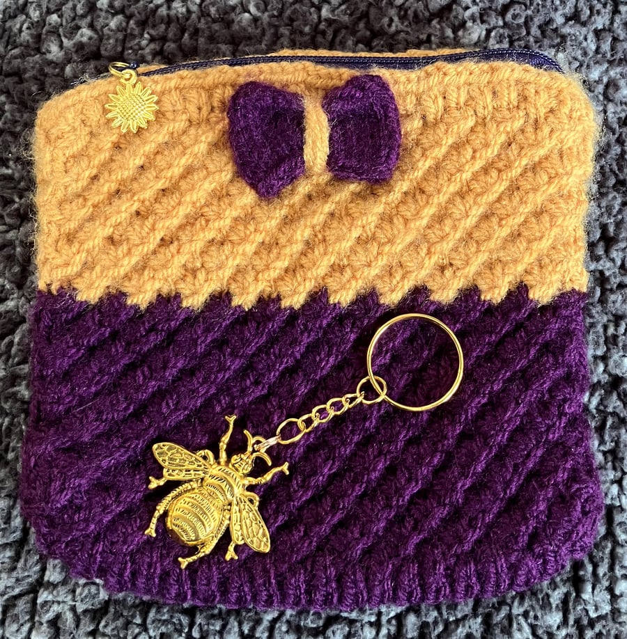 Zip top Bag and Bee keyring gift set: Mustard and Dark Purple - Special Gift