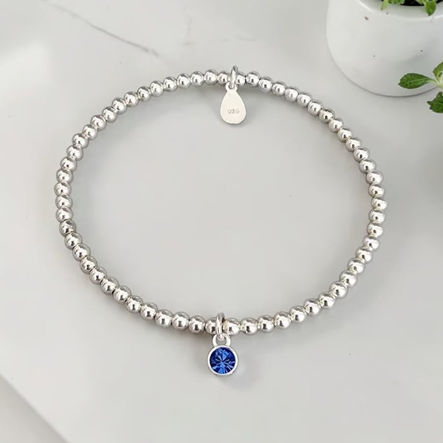 Sterling Silver Birthstone Charm Beaded Stretch Bracelet 925