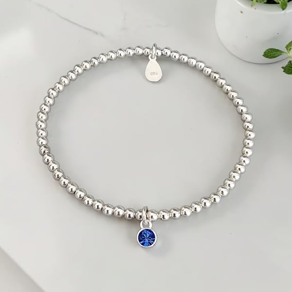 Sterling Silver Birthstone Charm Beaded Stretch Bracelet 925