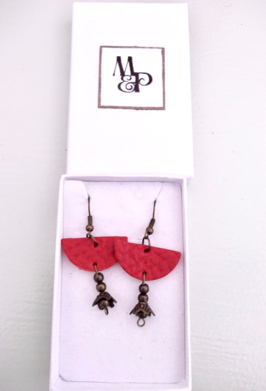 Red Leather Dangle Drop Earrings Half Moon and Gunmetal Floral Bead 