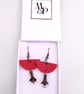 Red Leather Dangle Drop Earrings Half Moon and Gunmetal Floral Bead  - Image 1