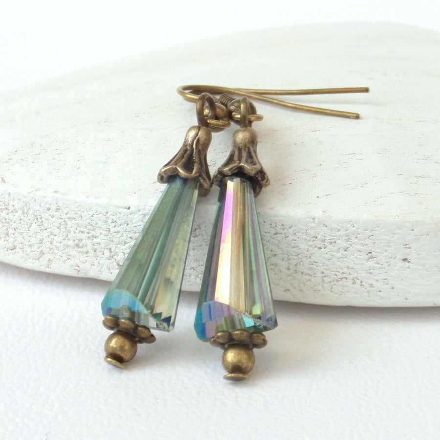 Green rainbow crystal and bronze earrings