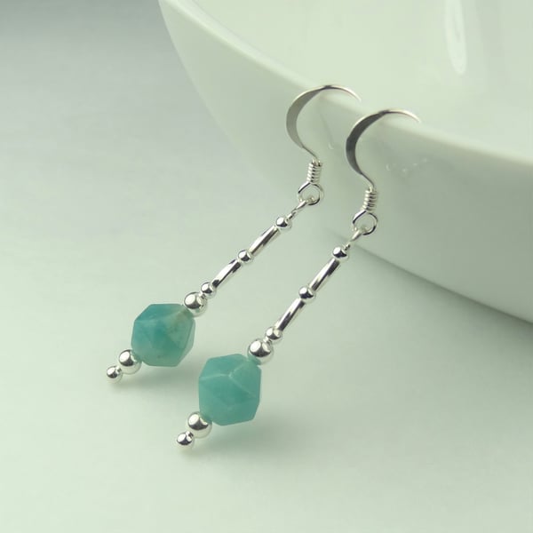 Sterling silver & 7mm Amazonite natural stone drop earrings, in a gift box