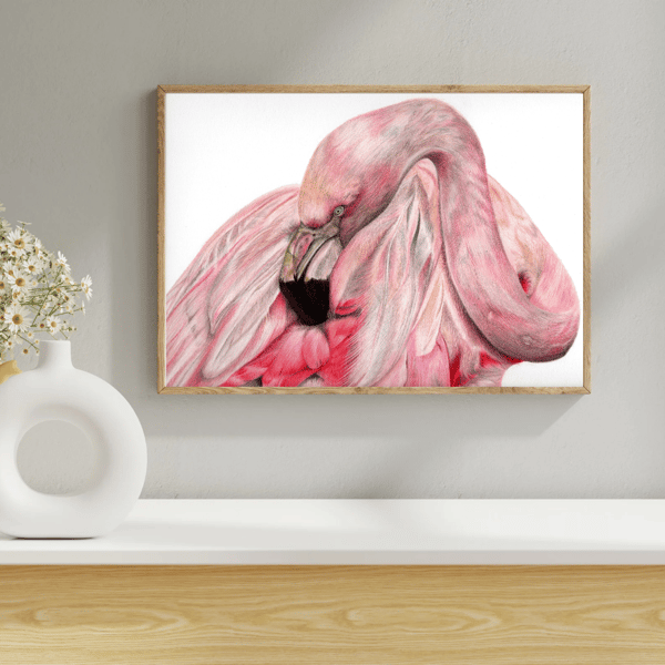 UNFRAMED Flamingo Bird Drawing 