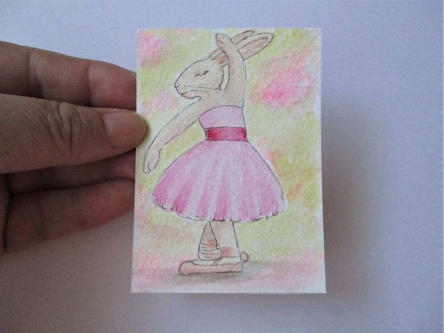 ACEO Bunny Rabbit Ballerina Ballet Dancing Bunny Rabbit Original Painting 007