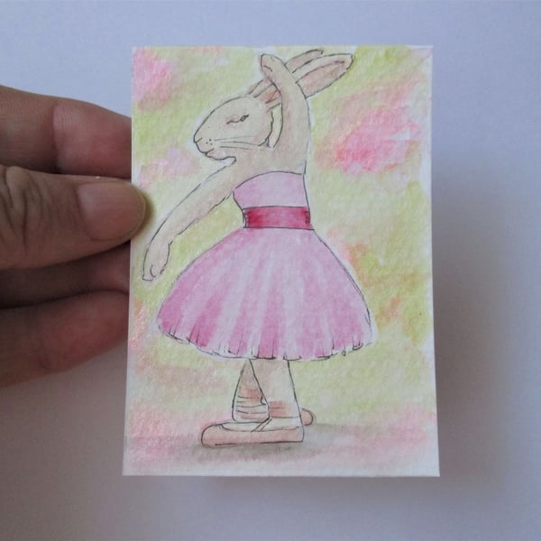 ACEO Bunny Rabbit Ballerina Ballet Dancing Bunny Rabbit Original Painting 007