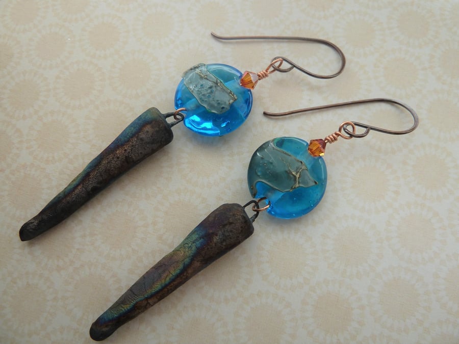 handmade copper, lampwork and ceramic spike earrings