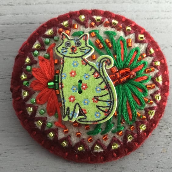 Hand Embroidered Christmas Cat Brooch