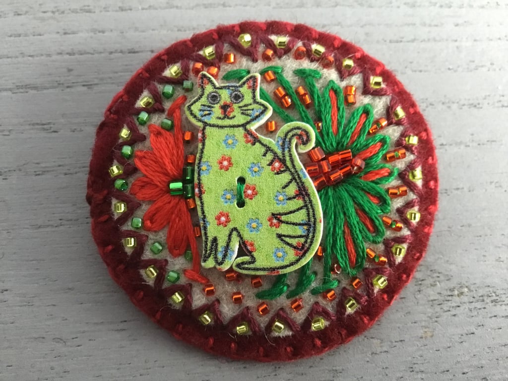 Hand Embroidered Christmas Cat Brooch