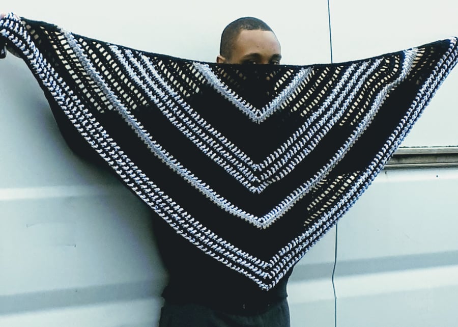 crocheted black grey sparkling silver stripe triangular  lacey shawl scarf wrap