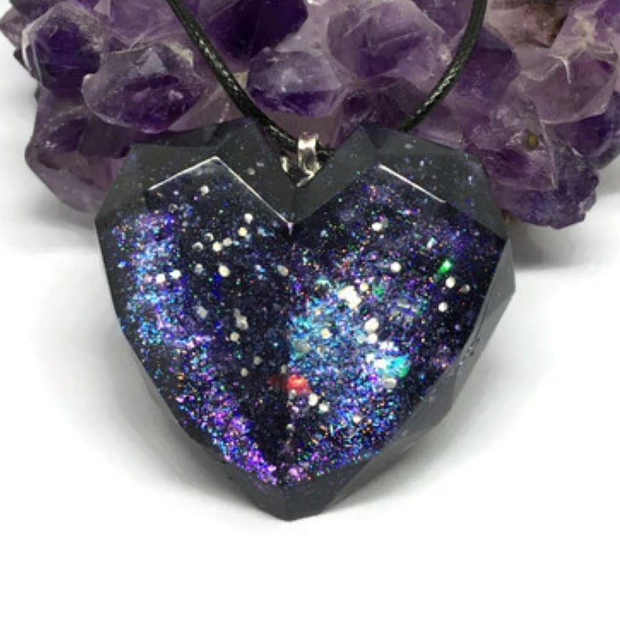 Black and purple sparkly large heart statement pendant with black cord chain.