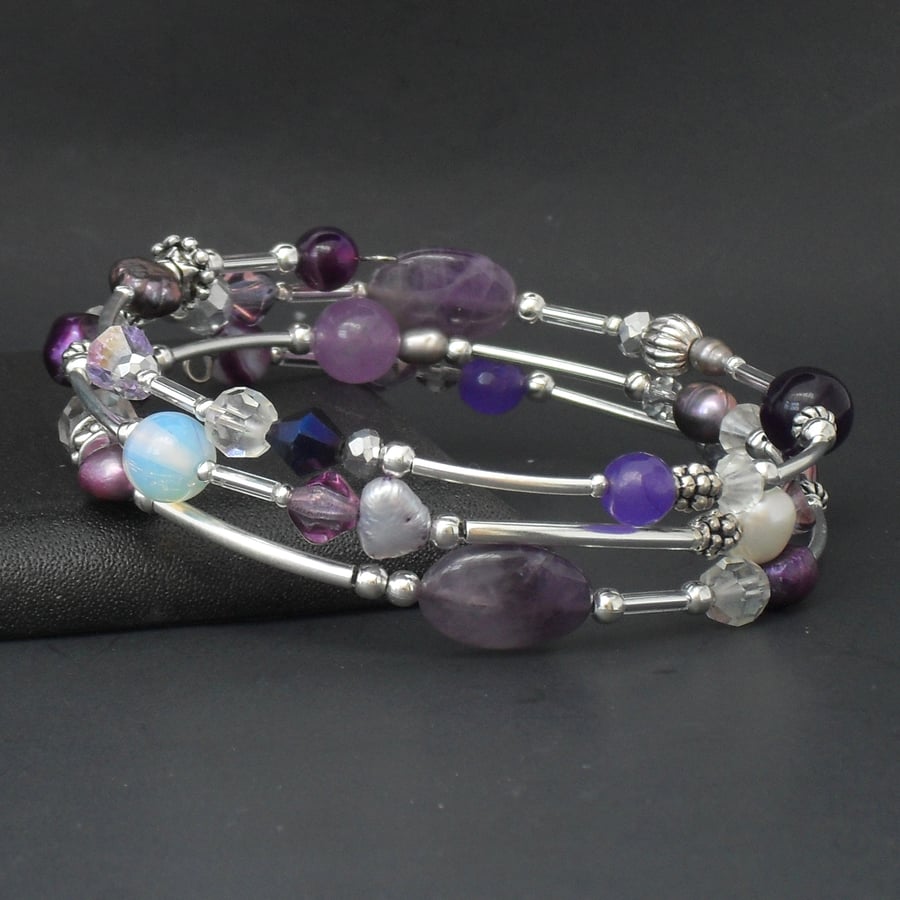 Amethyst, pearl, crystal and purple & lavender gemstone wire wrapped bracelet