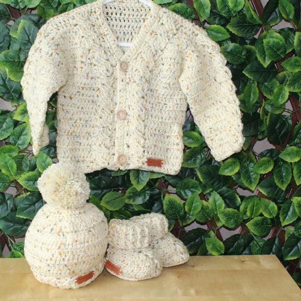 handmade crochet cardigan hat and bootie set in size 9-12 months