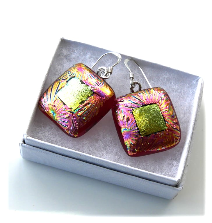 Dichroic Glass Earrings 313 Coral Florentine Gold Fused 