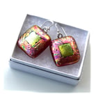 Dichroic Glass Earrings 313 Coral Florentine Gold Fused 