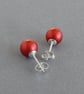 8mm Bright Red Round Pearl Studs - Everyday Christmas Red Stud Earrings - Gifts - Image 2