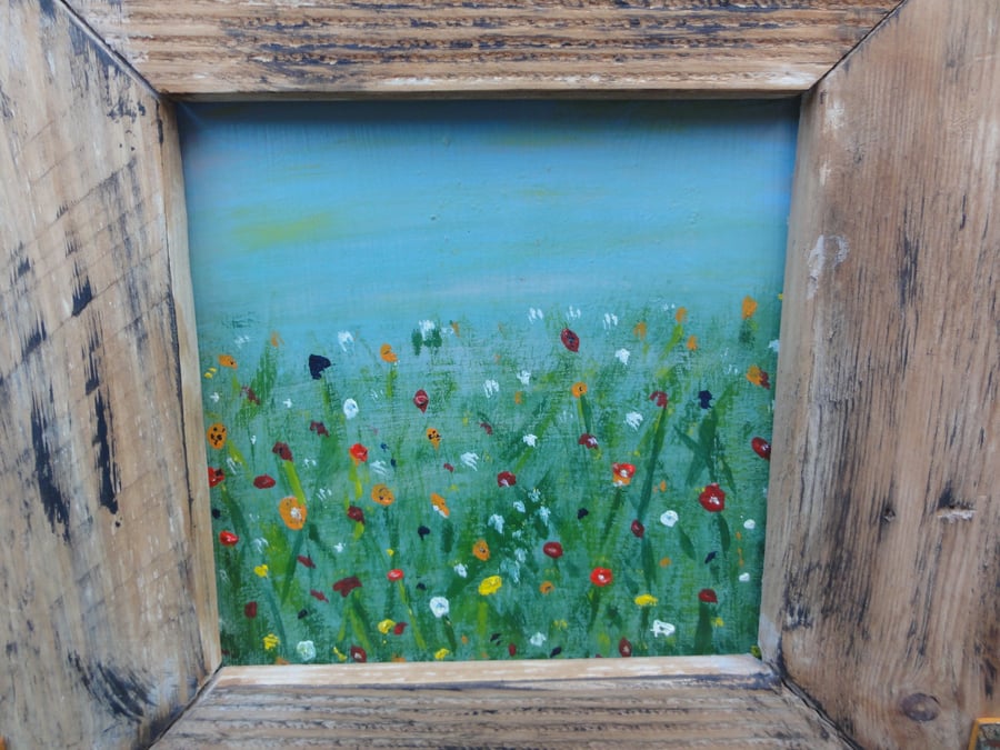 Meadow view - Original painting with handmade rustic frame
