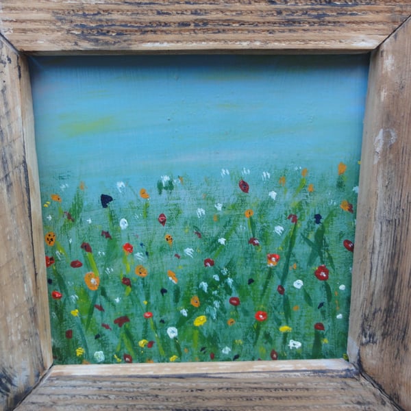 Meadow view - Original painting with handmade rustic frame