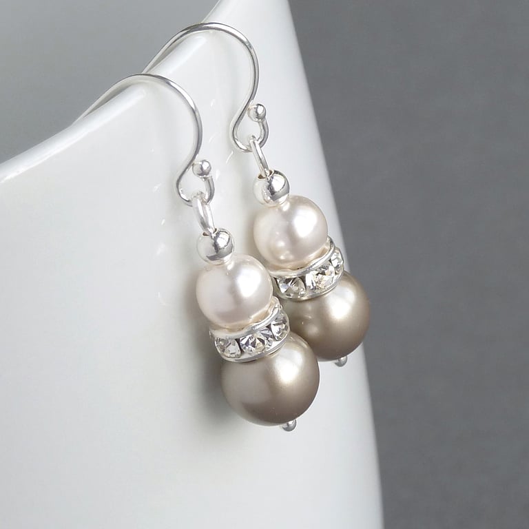 Champagne Pearl and Crystal Drop Earrings - Bridesmaid Gifts - Wedding Jewellery