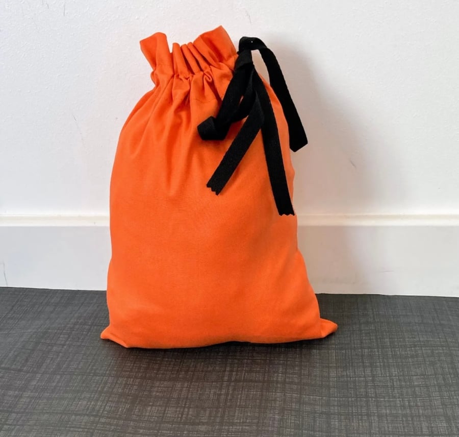 Orange Cotton Fabric Drawstring Gift Bag: Reusable Present Wrap. Large
