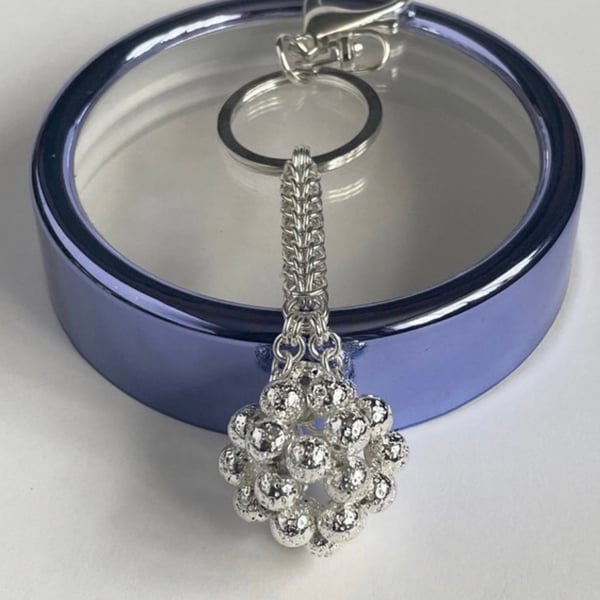 Handbag Charm, Initialled, Silver Lava Beads Orb, Keyring 