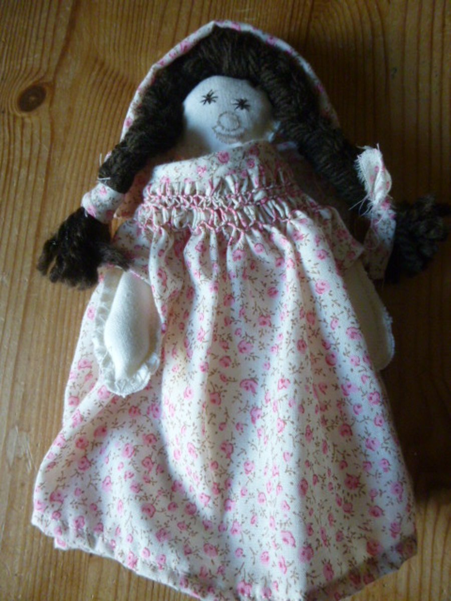Unique Hand Made Rag Doll with Smocked Dress and Matching Bonnet