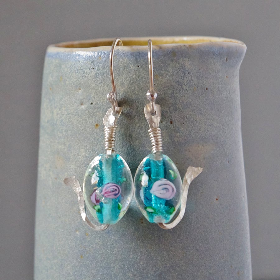 Whimsical Little Fish Hammered Sterling Silver and Lampwork Glass Drop Earrings