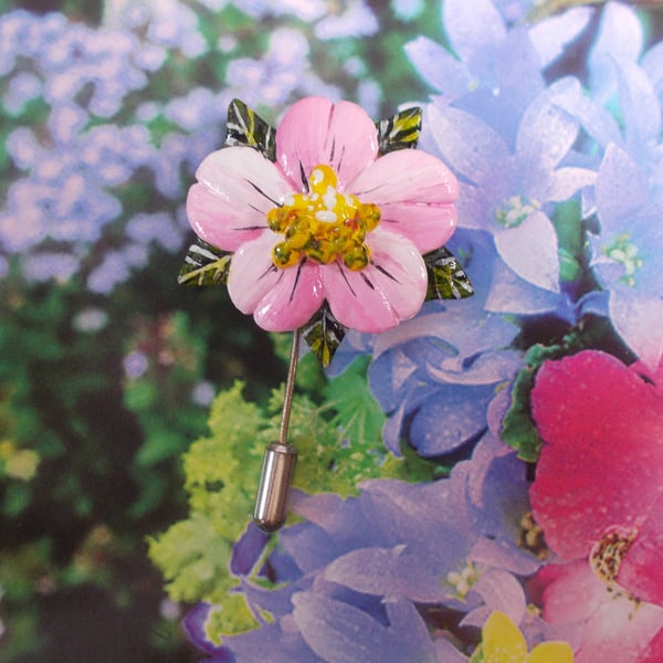PINK APPLE BLOSSOM FLOWER PIN Wedding Lapel Flower Brooch HANDMADE HAND PAINTED