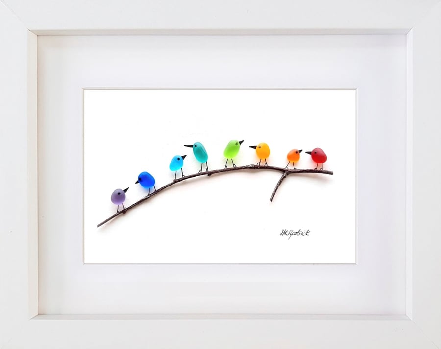 Rainbow Birds on Branch Small - Sea Glass & Driftwood Picture - Framed Handmade