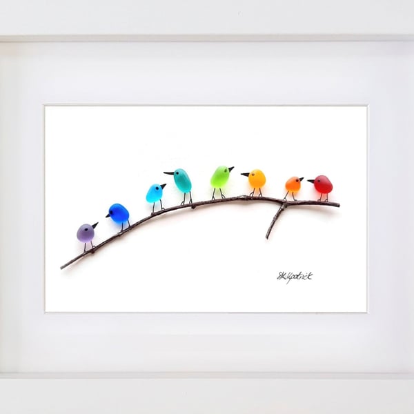 Rainbow Birds on Branch Small - Sea Glass & Driftwood Picture - Framed Handmade