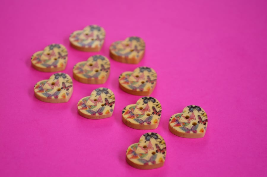 Small Natural Wooden Heart Buttons Floral Butterfly Multi 10pk 18x15mm (NH9)