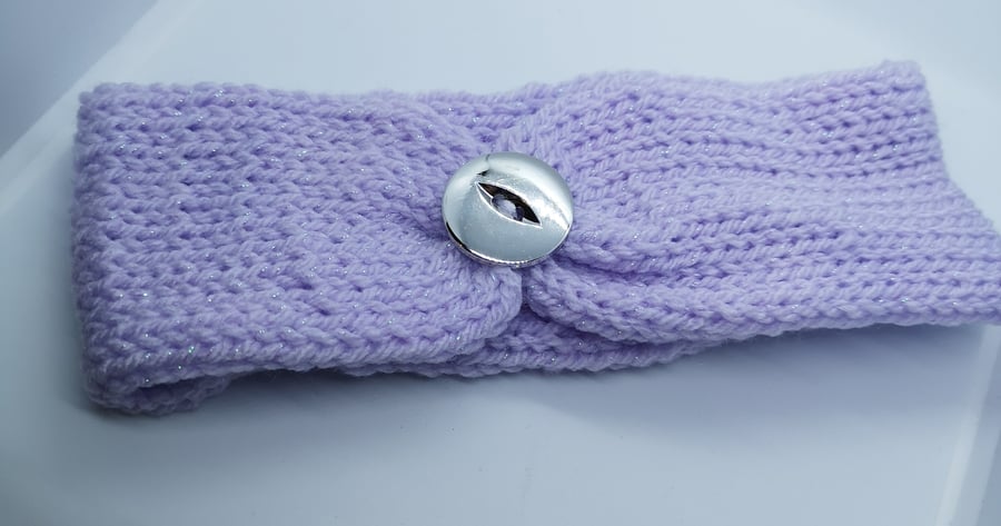 Handknitted purple glittery ear warmer