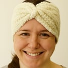 cream handknitted earwarmers ribbed pattern headband