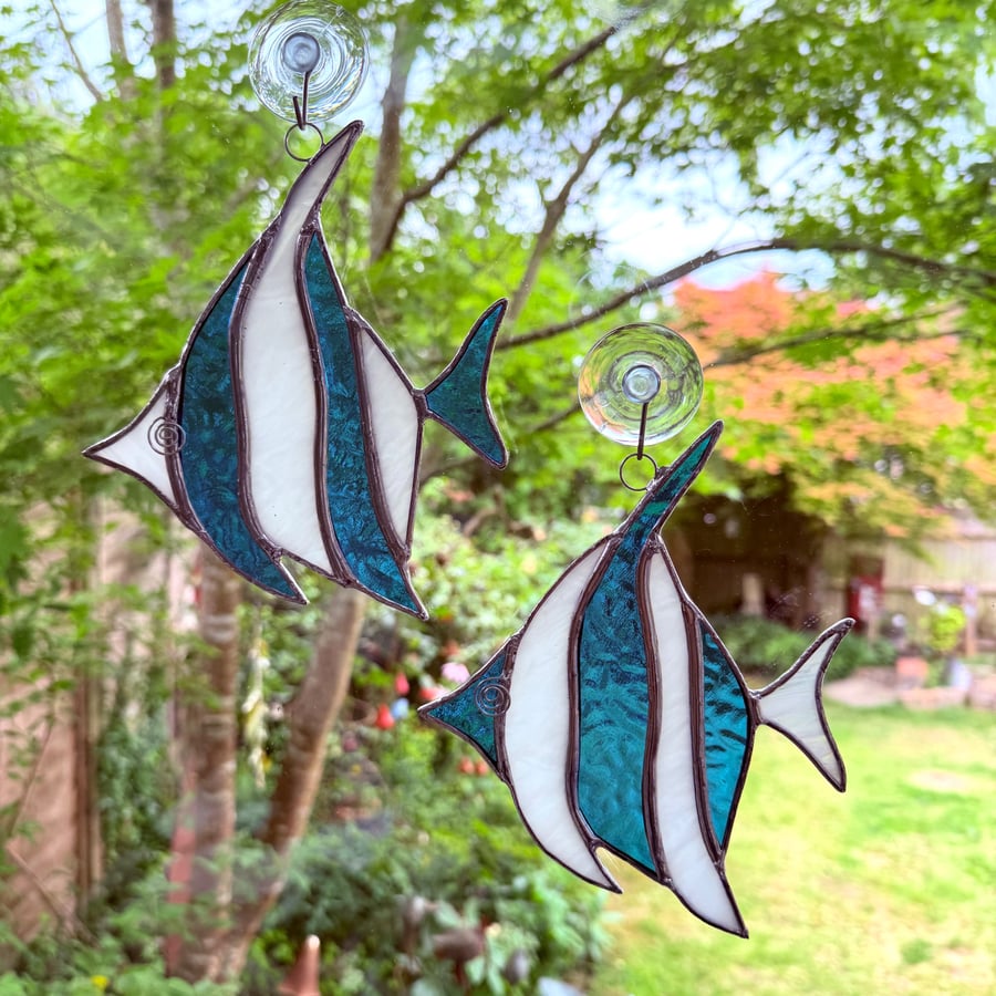 Stained Glass Angel Fish Suncatcher - Handmade Decoration -  Blue