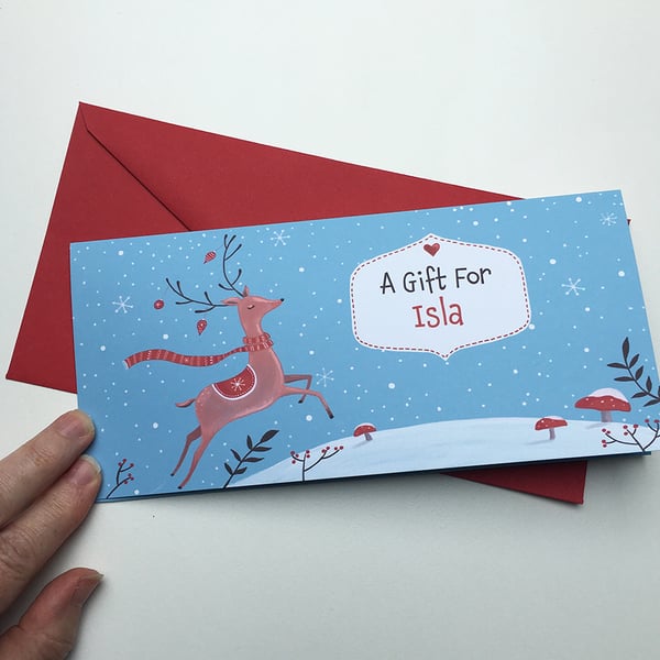 Personalised Name Christmas Money Wallet Card with Reindeer