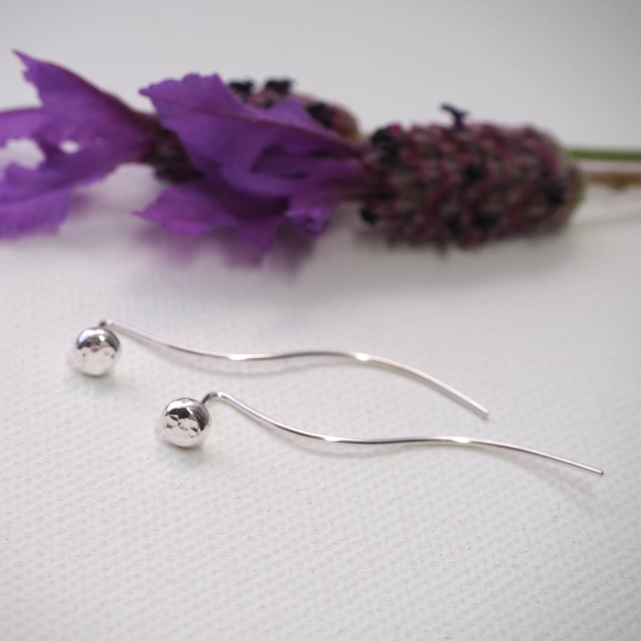 Argentium silver stud earrings with extended ear wire, silver earring studs