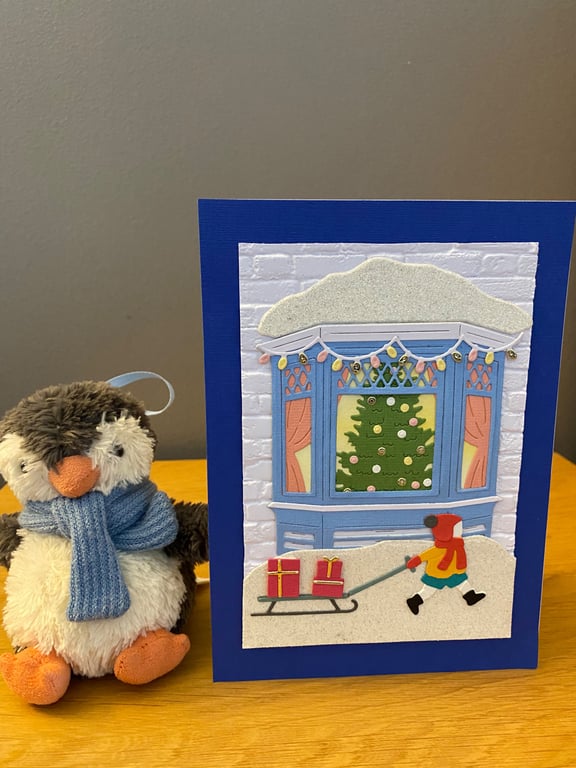 Handmade Christmas Card – Traditional Christmas Window Scene with Tree & Present