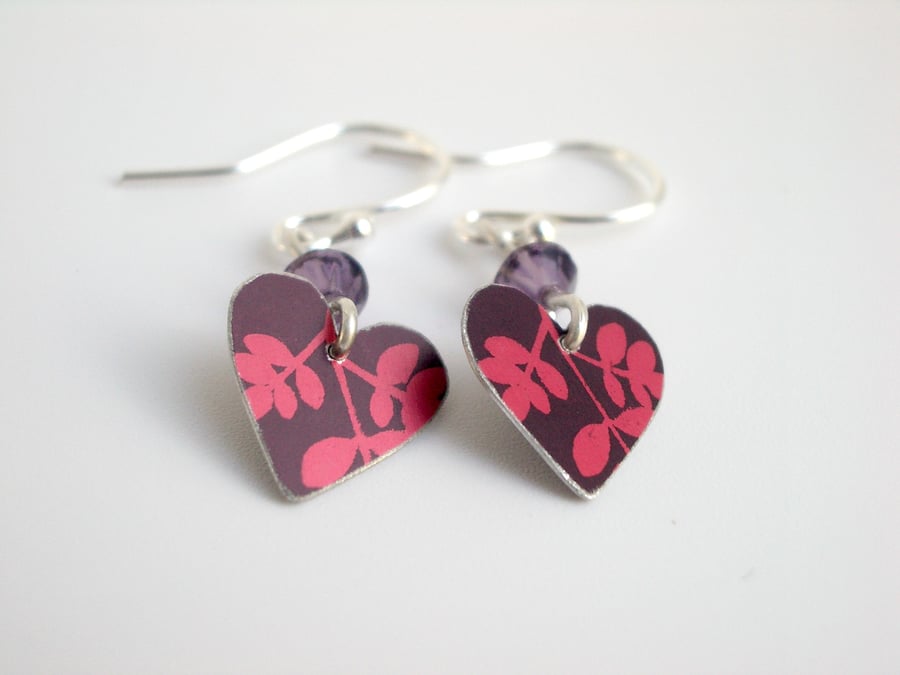 Heart earrings in plum and red with leaf prints