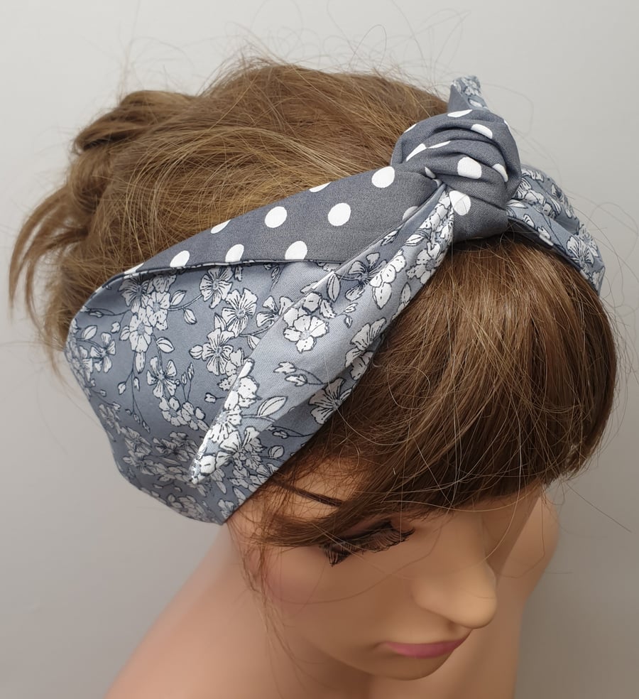 Reversible headband women grey floral dotted hair scarf
