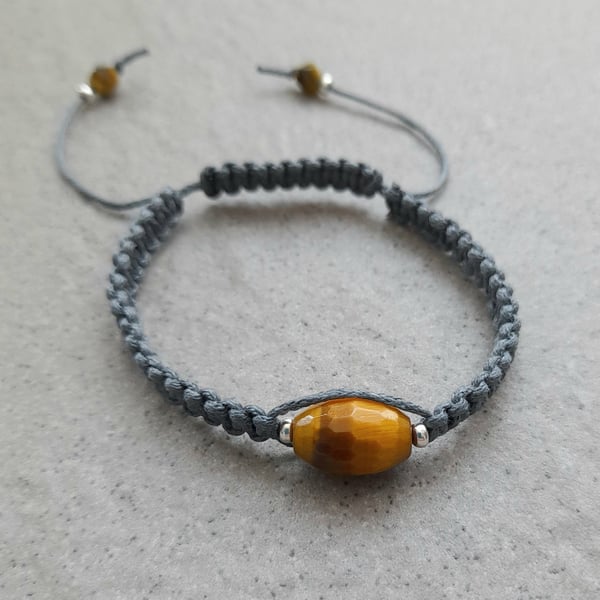 Tigers Eye Macrame Bracelet With Grey Cotton Cord and Sterling Silver
