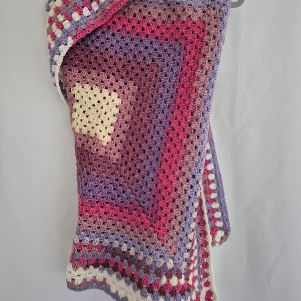 Baby Knitted Shawl Blanket – Crochet, Pink/White/Blue, 100x100cm, Christening Gift (Made In Portugal)
