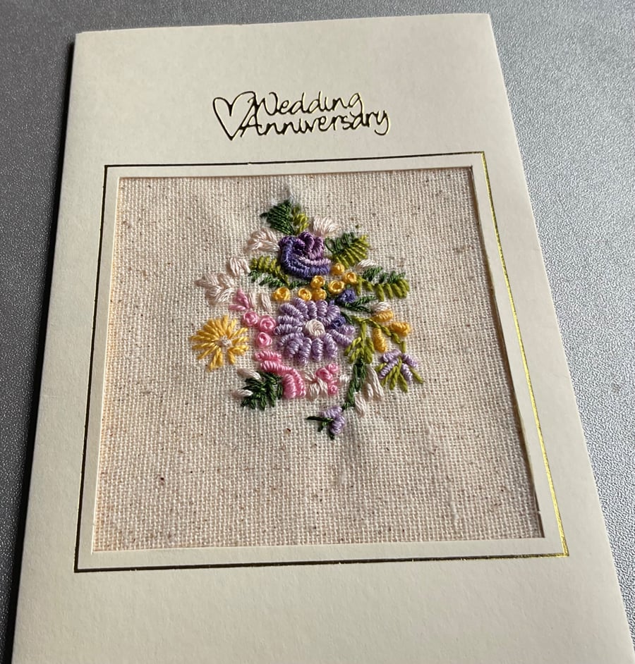A hand embroidered card for a Wedding Anniversary 