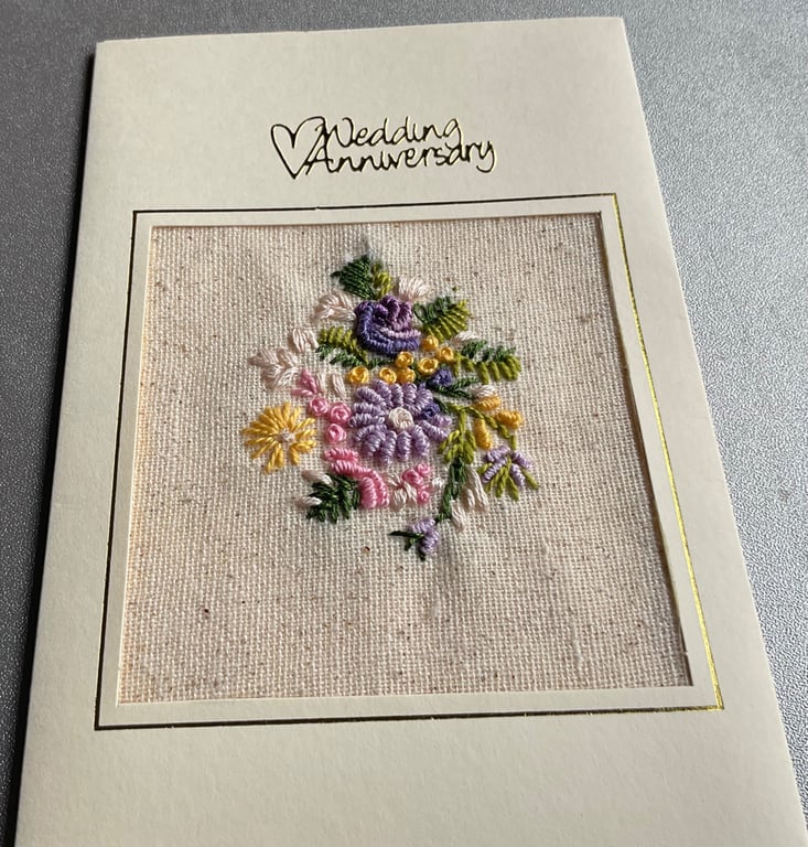A hand embroidered card for a Wedding Anniversary 