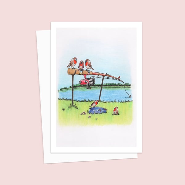 River Bank Greeting Card: Robins on a Fishing Rod Pencil Illustration (212)