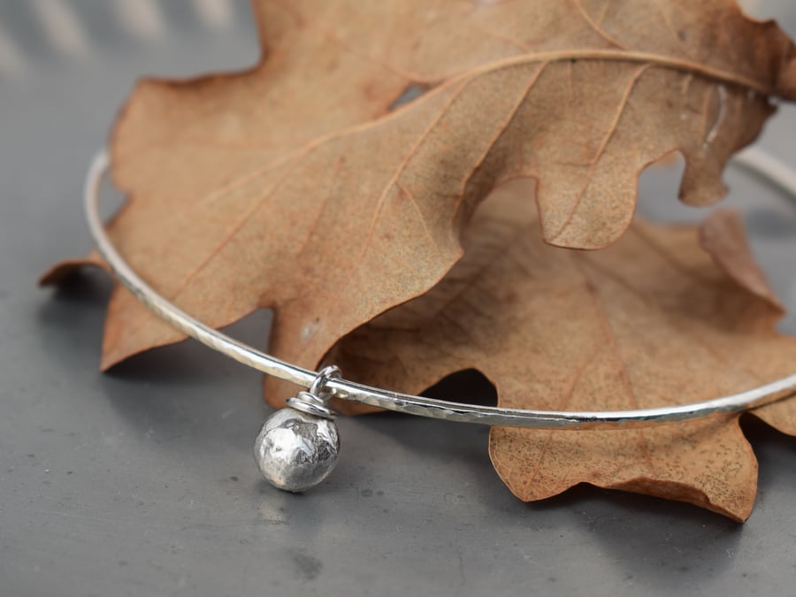 Silver bangle with pebble charm - womens silver bracelet, 25th anniversary gift
